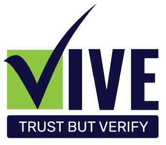 A logo of trust but verify with the word vive underneath it.