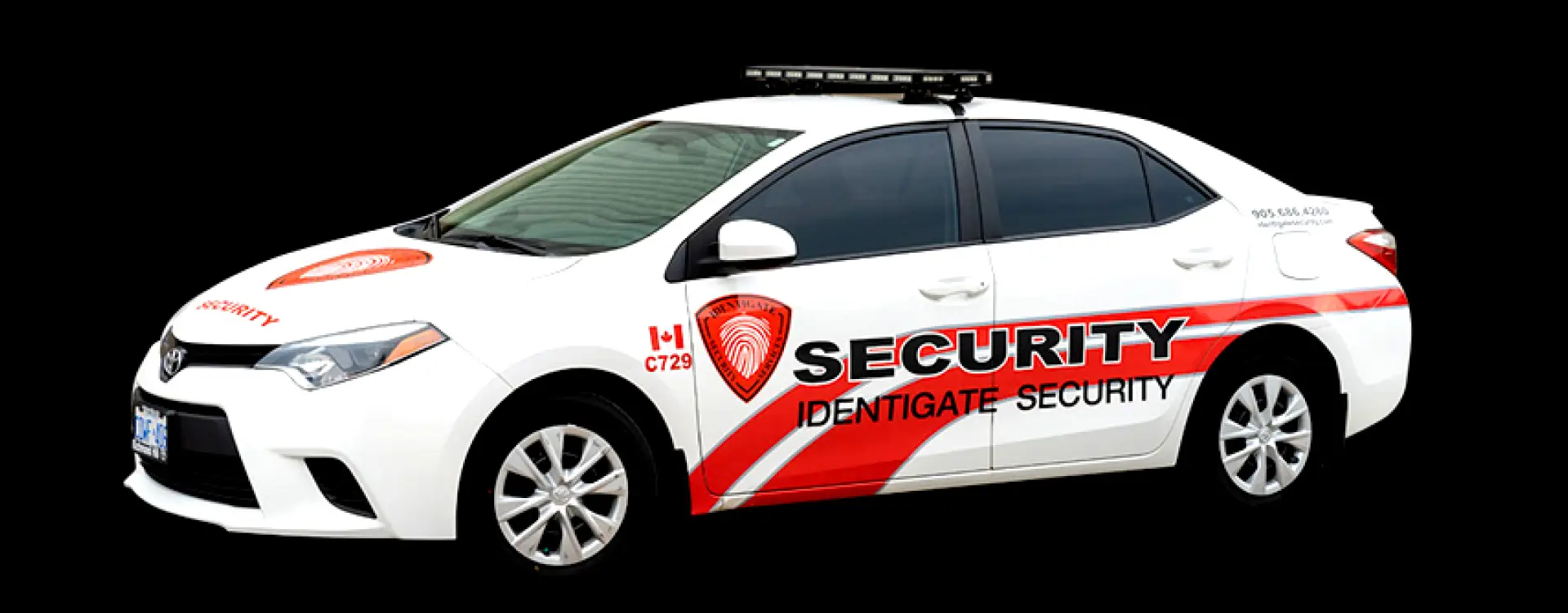 A white and red car with the words " security identigate security ".