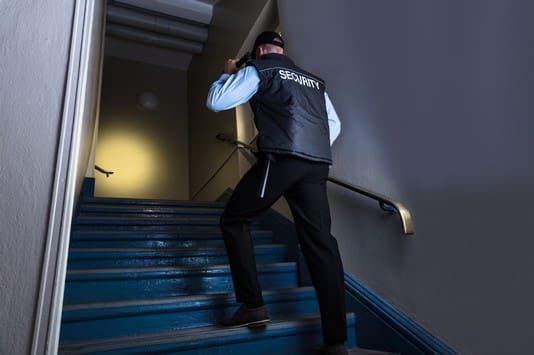 Rear View Of A Male Security Officer With Flashlight