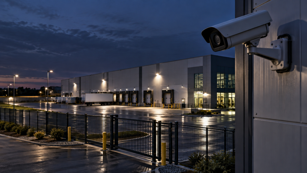Security camera monitoring a commercial warehouse and loading area at night