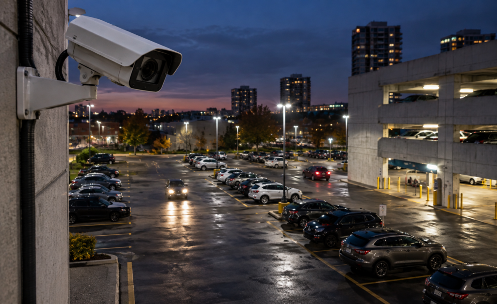 Security camera monitoring a parking lot or parking garage entrance at dusk