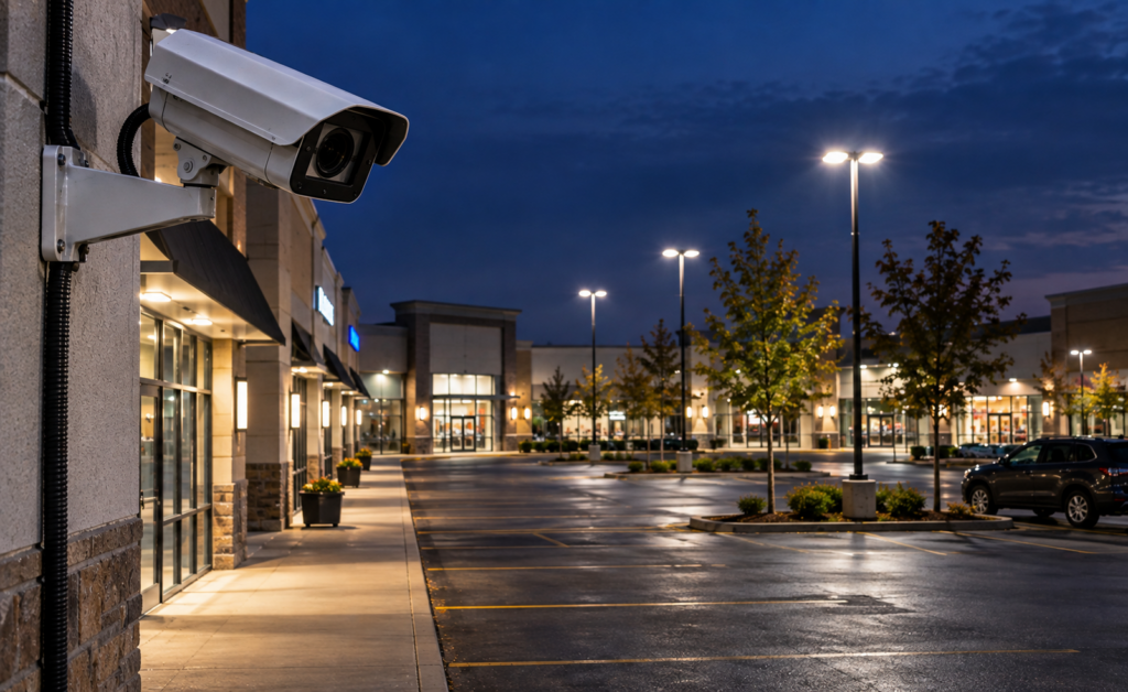 Security camera monitoring a retail shopping centre and parking area after hours