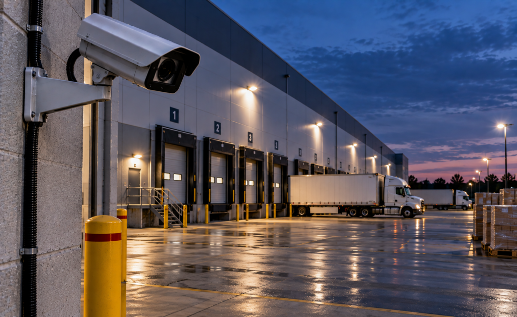 Security camera monitoring warehouse loading docks and distribution yard at dusk